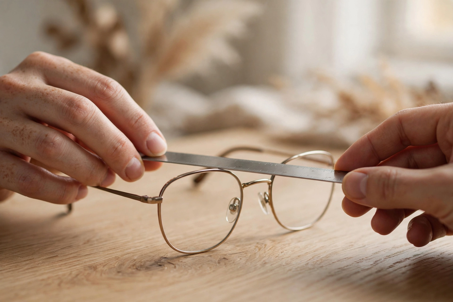 Hands measuring eyeglasses with a ruler