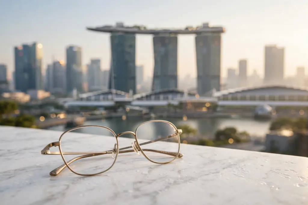 Minimalist eyeglasses with Singapore skyline